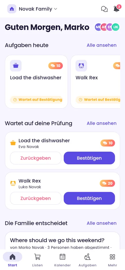 Startbildschirm von Familya mit den heutigen Aufgaben und einer Familienabstimmung