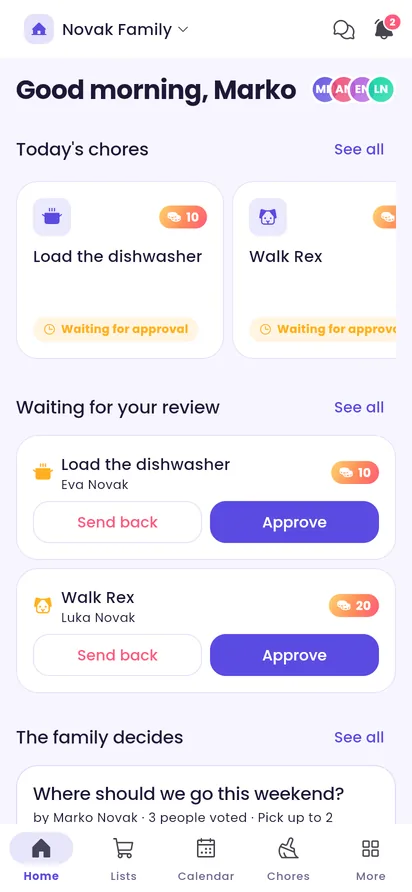 Familya home screen showing today's chores and a family vote